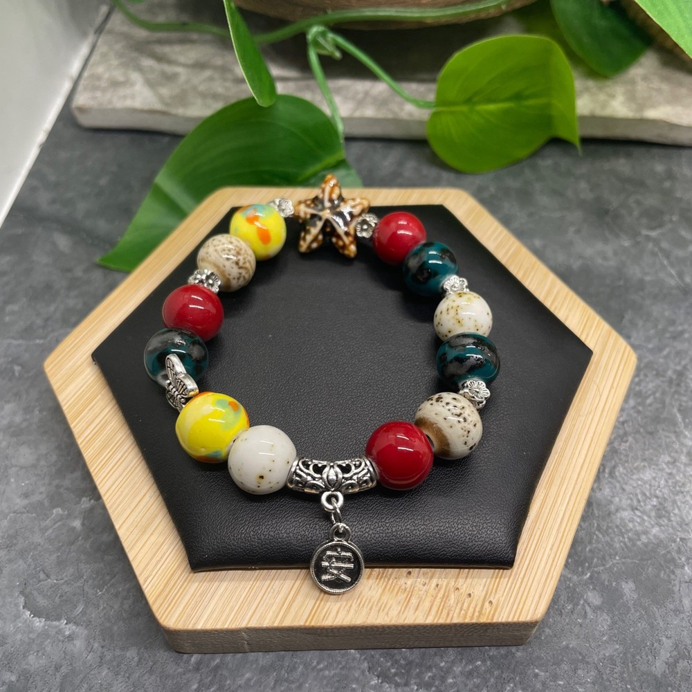 Handmade Ceramic Bead Beaded Stackable 6.25” Plus Stretch Bracelet New B474