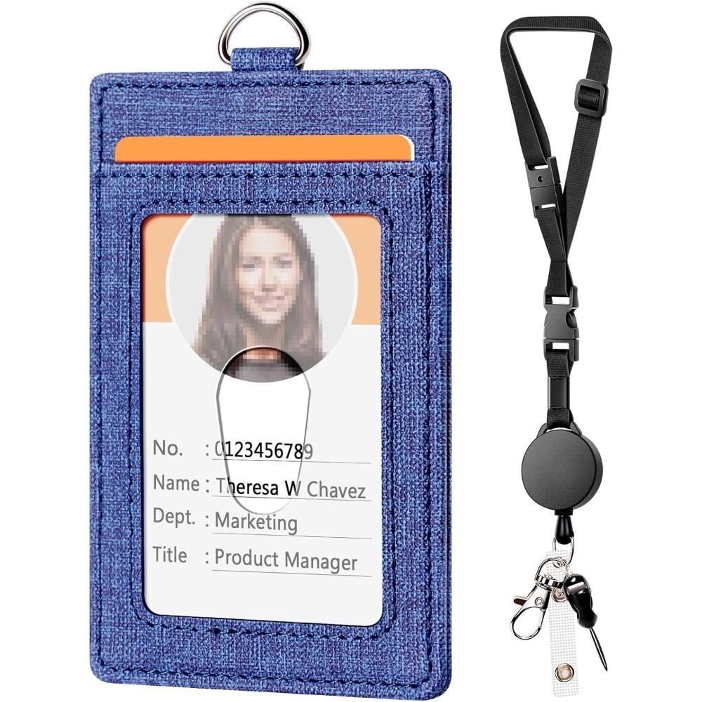 Leather Badge Holder with Adjustable Retractable Lanyard Quick Release Buckle