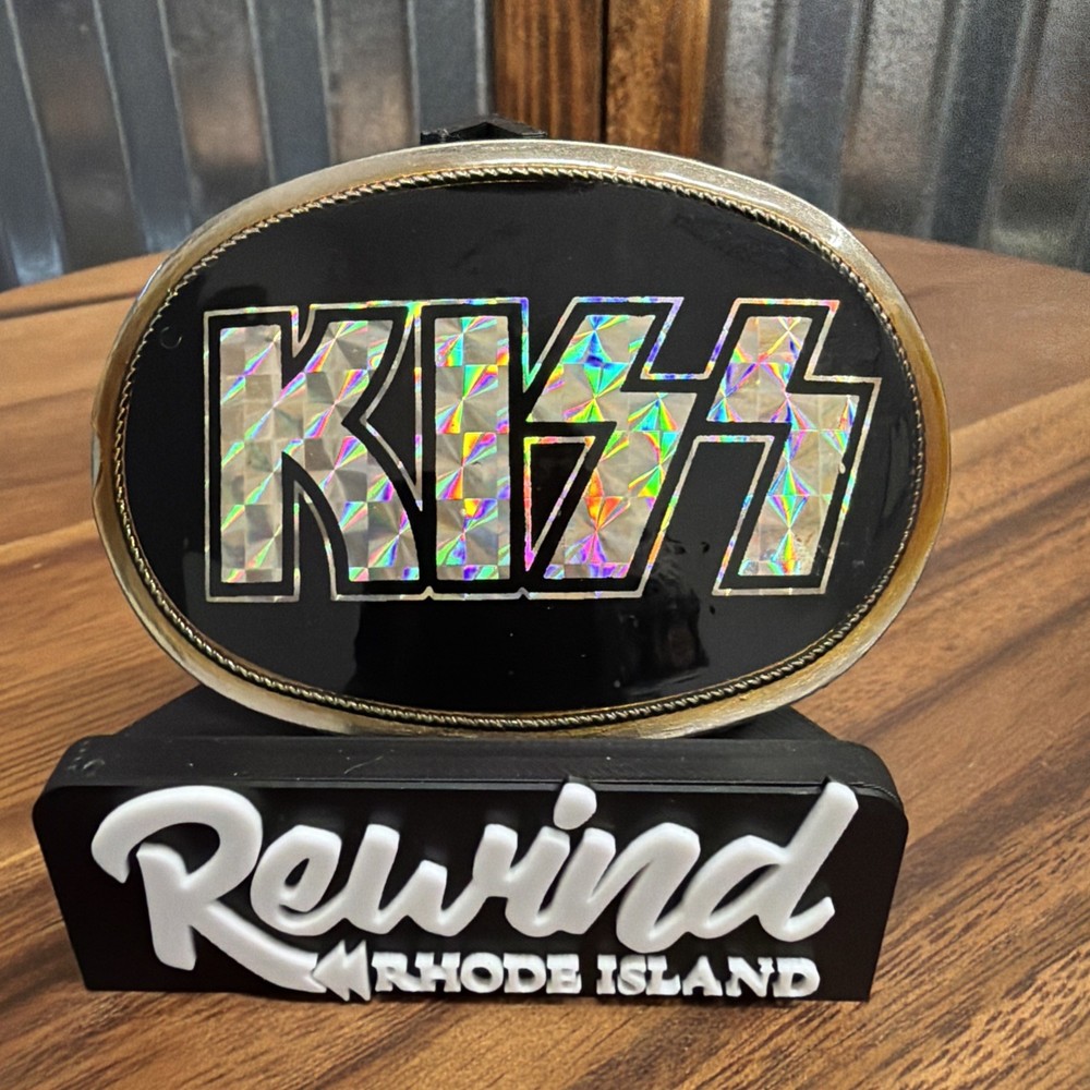 Vintage 1976 KISS Pacifica Prism Logo Belt Buckle Black Foil Galaxy Aucoin