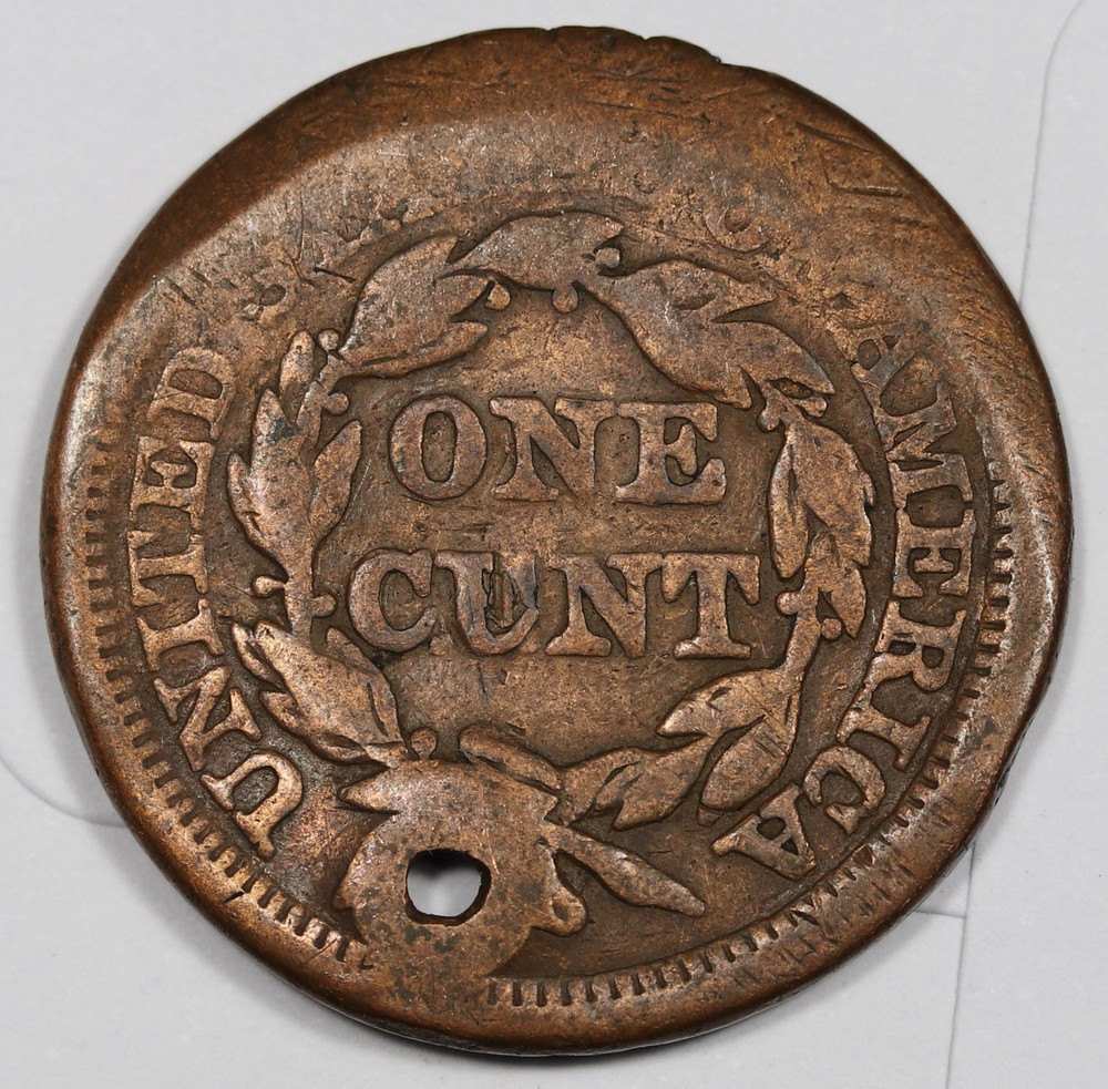 1854 Large Cent. Holed. 212761
