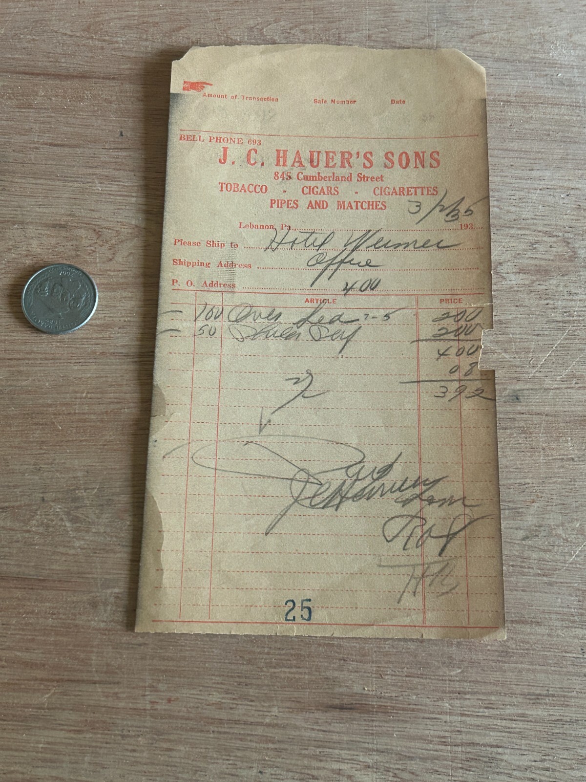1935 Tobacco Cigar Invoice Billhead JC Hauer's Sons Hotel Weimer Vtg Rough Poor