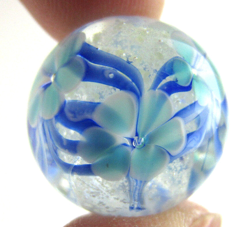 22mm ASTER Blue Flower GLOW IN THE DARK Handmade art glass Marble 7/8" SHOOTER