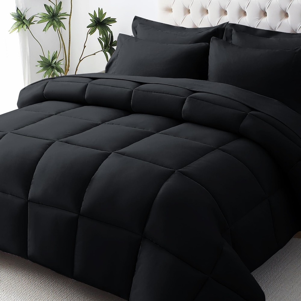 Queen Comforter Set Black, 7 Pieces, Down Alternative, Premium Bedding
