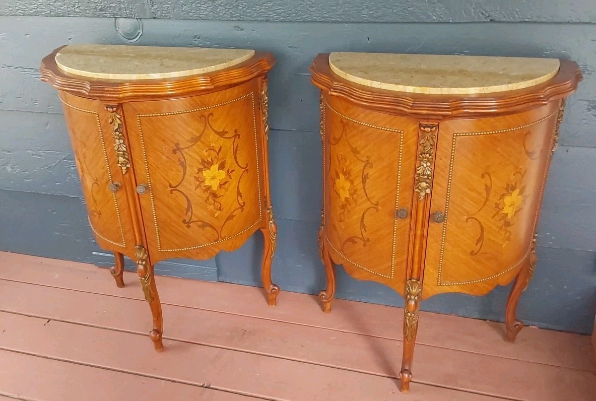 Vintage French Demilune Inlayed Wood End Tables w/Marble Tops 30 Tall X 23" Wide