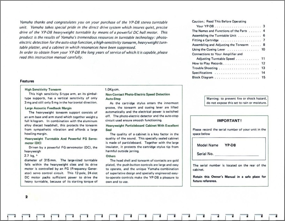 Yamaha YP-D8 Turntable Owners Manual