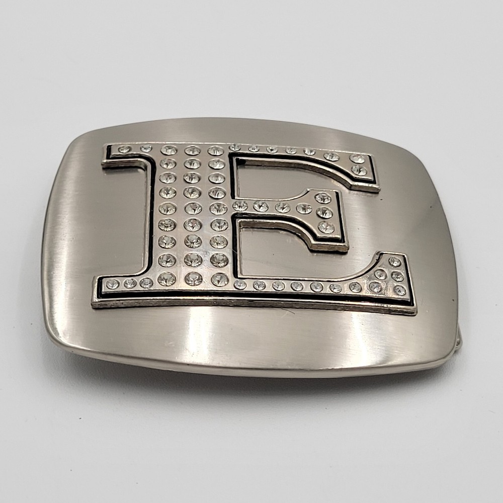 Initial E Monogram Square Belt Buckle Brushed Chrome With Rhinestones