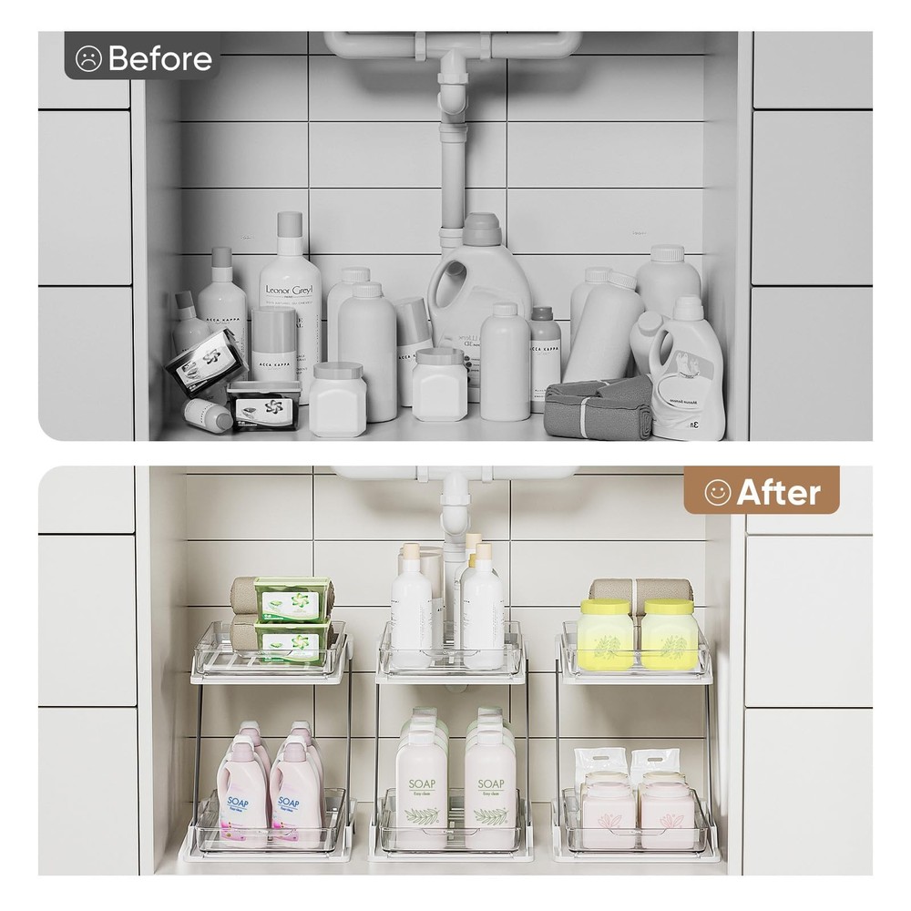 2 Pack Bathroom Organizers and Storage - Multi-Purpose,2-Tier Clear Pull Out ...