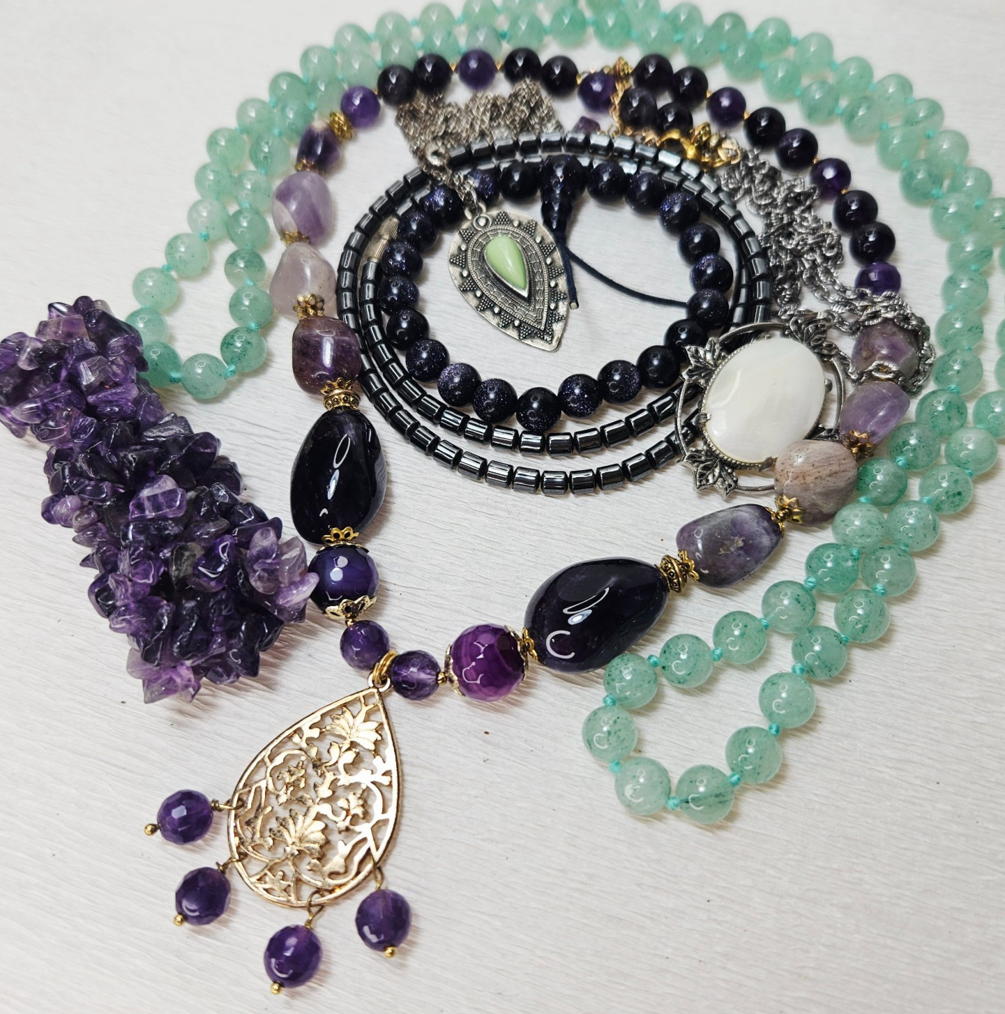 5 Gemstone Necklaces 2 Bracelets Amethyst Adventurine Hematite Blue Goldstone