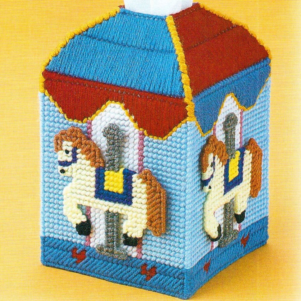 COUNTY FAIR CAROUSEL HORSE TISSUE BOX COVER PLASTIC CANVAS PATTERN INSTRUCTIONS