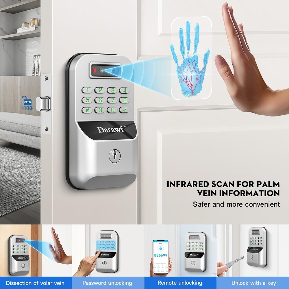 Smart WiFi Deadbolt - Palm Vein Recognition, Remote Control, Auto Lock