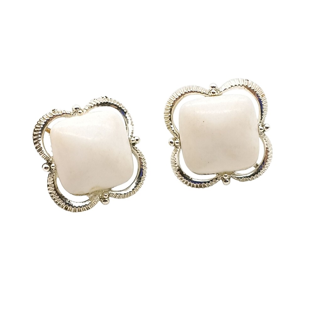 Vintage White and Silver Tone Earrings, Basic Neutral Screw Back
