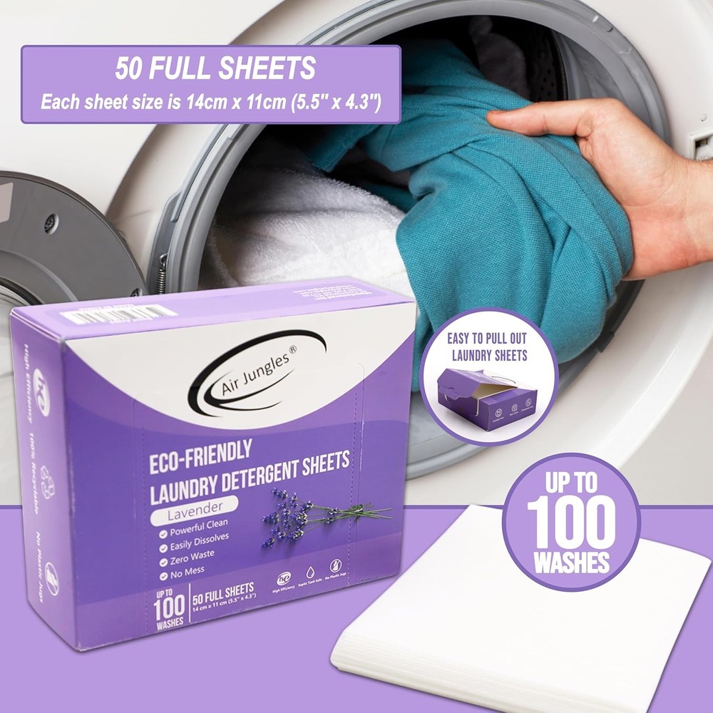 Laundry Detergent Sheets 50 Sheets, Lavender Scent, 100 Washes, Eco-Friendly