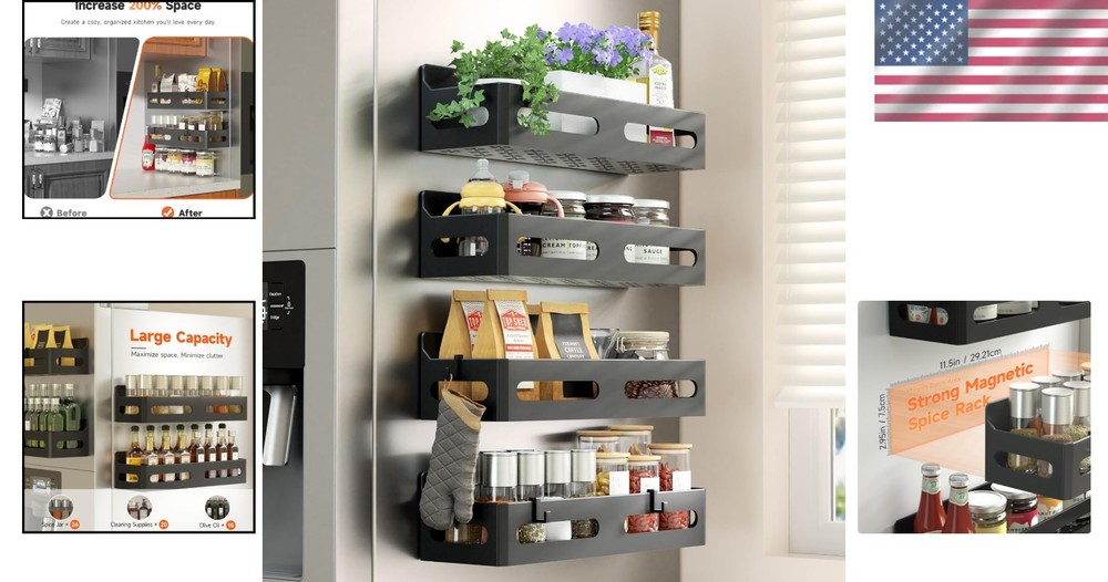 Rust-Resistant Magnetic Spice Shelves - Maximize Refrigerator Space, 4 Hooks