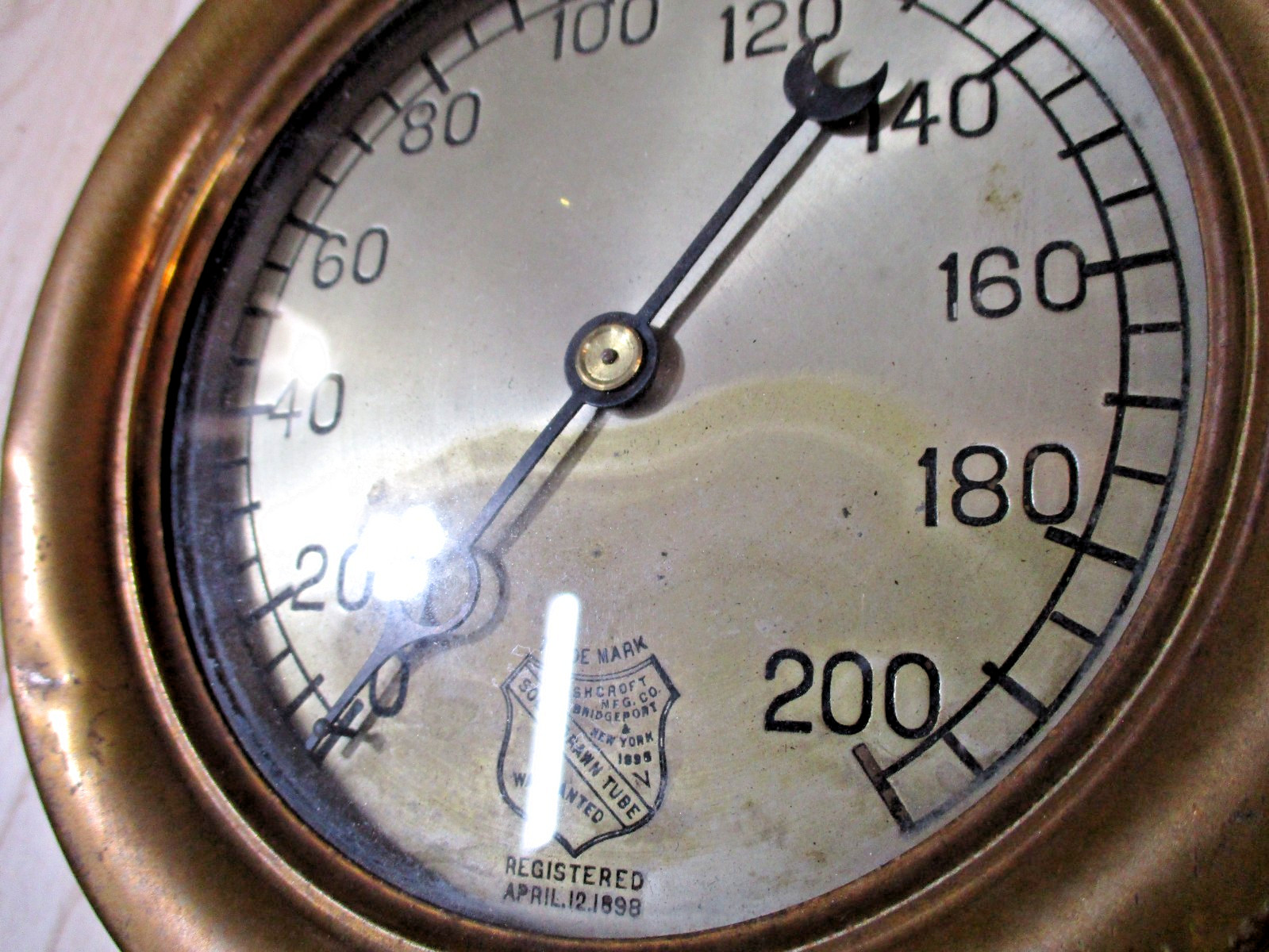 Vintage Ashcroft Mfg. Co. 6" Brass Gauge, Glass Face 0-200, Reg- 4/12/1898