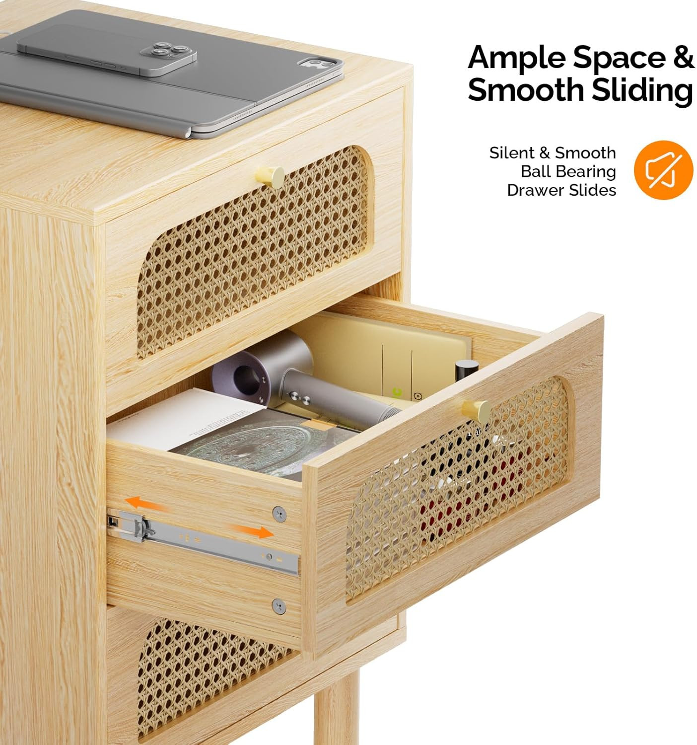 Rattan Nightstand with Charging Station 19" W Nightstand with 3 Drawers