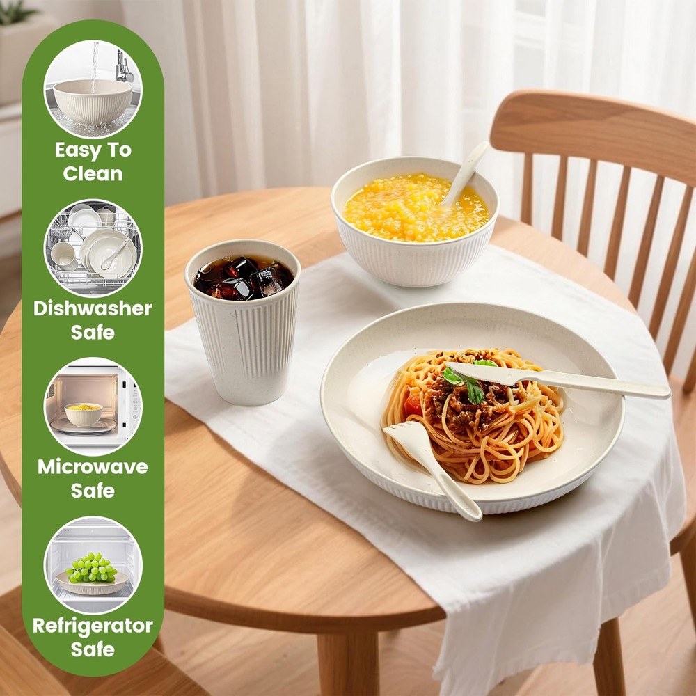 36-Piece Reusable Wheat Straw Dinnerware Sets Dinnerware, Beige