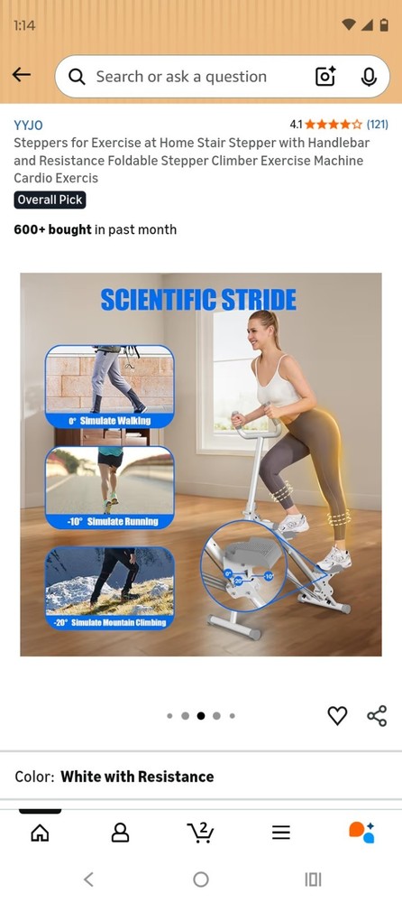 YYJO Foldable Stair Stepper with Adjustable Resistance, Handlebar, White