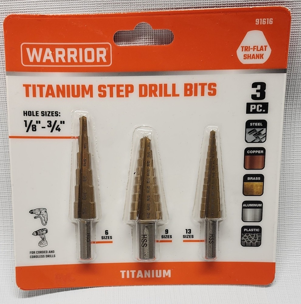 WARRIOR 3pc Titanium Step Drill Bits #91616 New Sealed