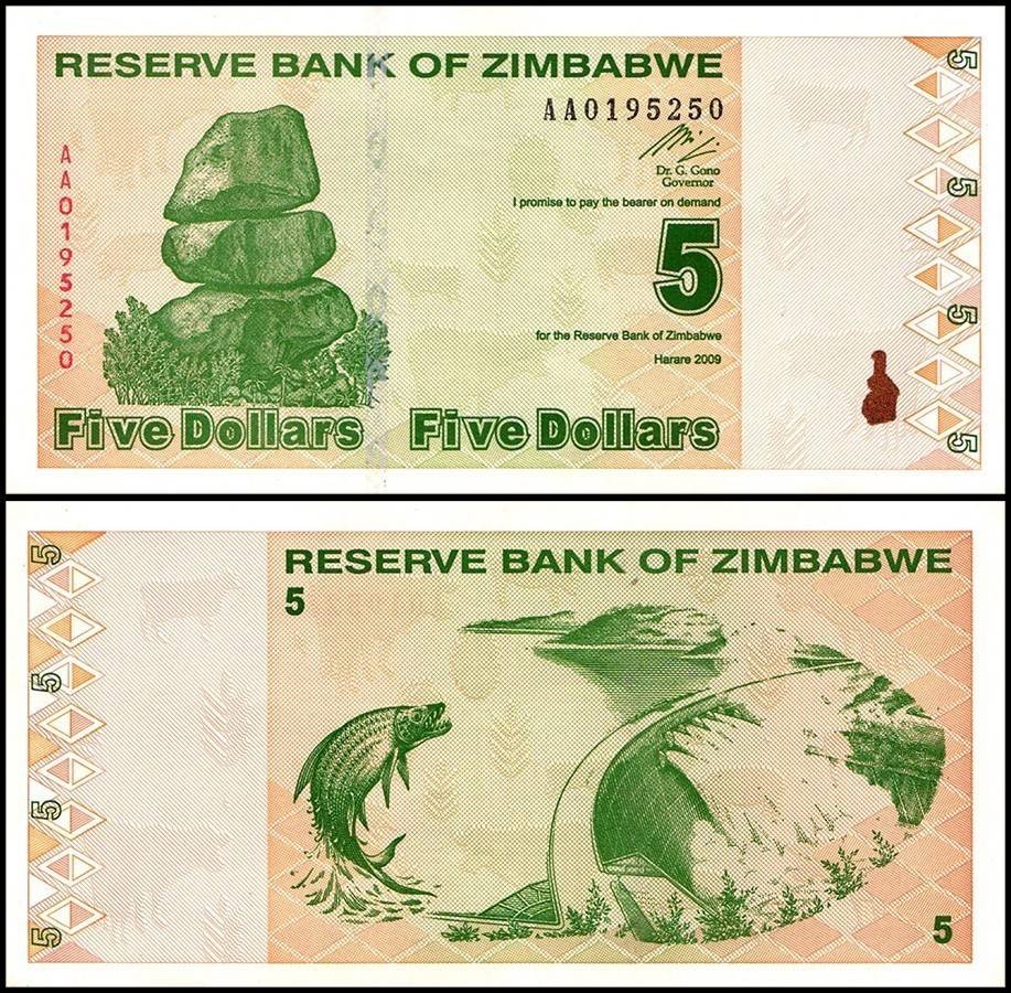 Zimbabwe 5 Dollars, 2009, P-93, Used