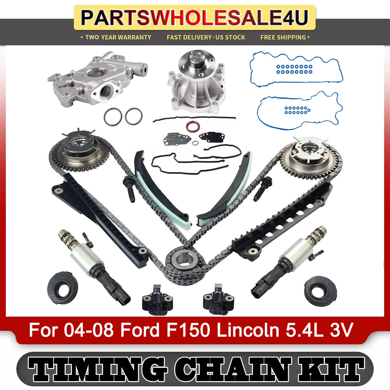 Fits 04-08 Ford 5.4L Timing Chain Kit Water Oil Pump Cam Phaser Gaskets Solenoid