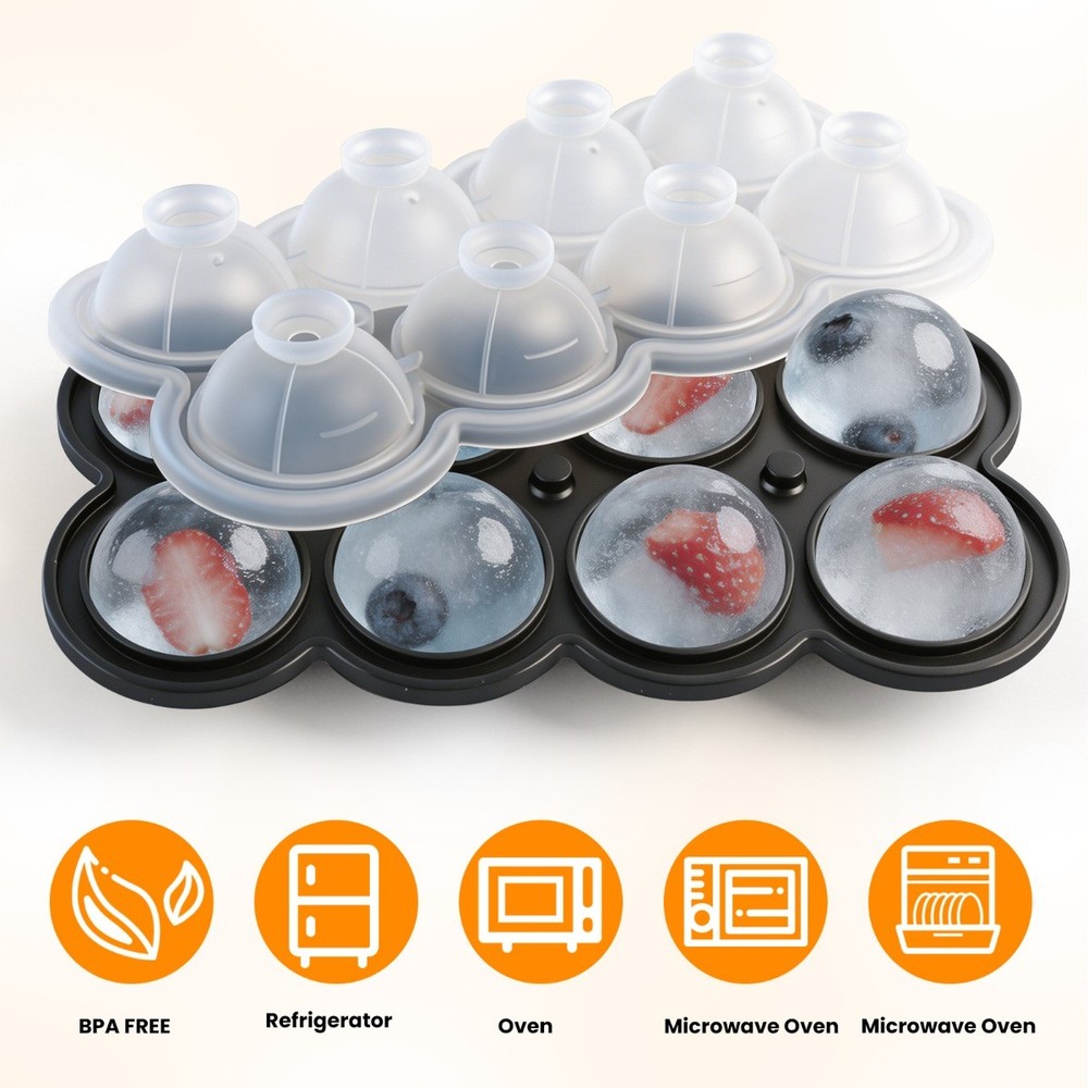 2x Large 8-Cube Ice Tray with Easy-Release Design Round Silicone Ice Cube Tray