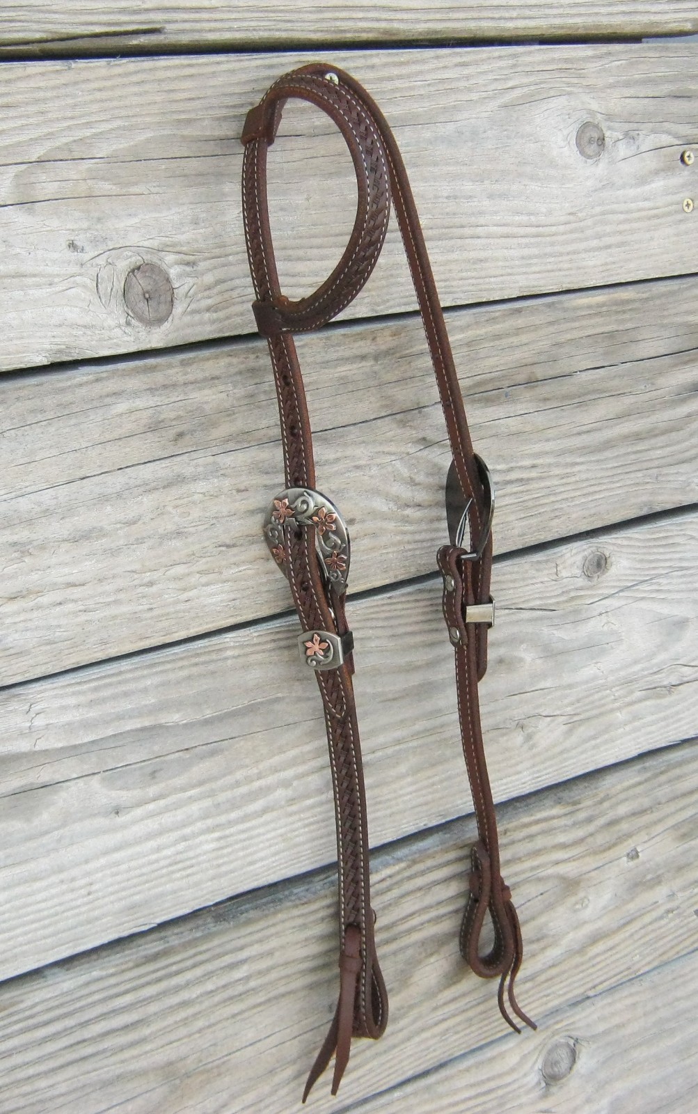 West 74 Dark Oil Leather 5/8" One Ear Copper Wildflower Buckles Headstall