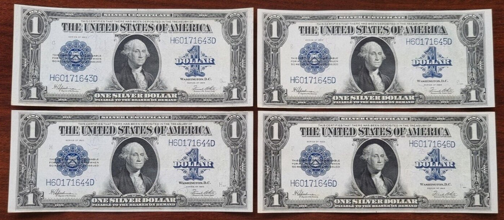 1923 One Dollar Bill $1 Silver Certificate Large Size 4 CONSECUTIVE NOTES #81384