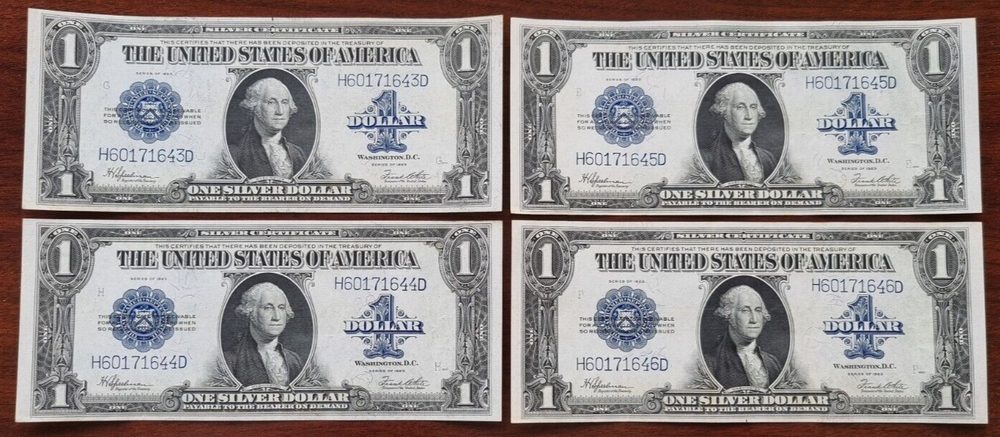 1923 One Dollar Bill $1 Silver Certificate Large Size 4 CONSECUTIVE NOTES #81384