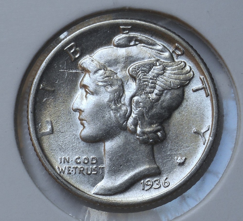1936 . Mercury Dime . Choice BU . Cross Shaped Strike Thru Error .