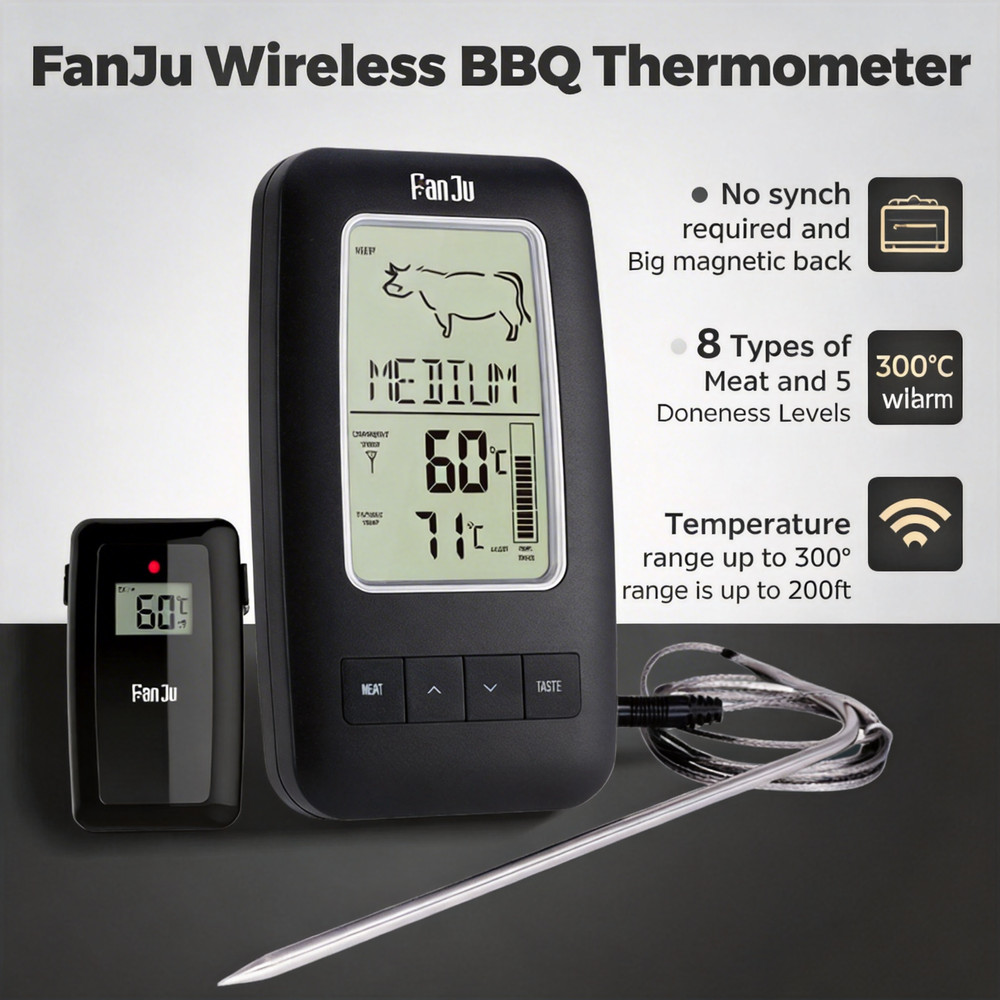 Digital Meat BBQ Grill Cooking Thermometer with Wireless Remote and Probe Sensor