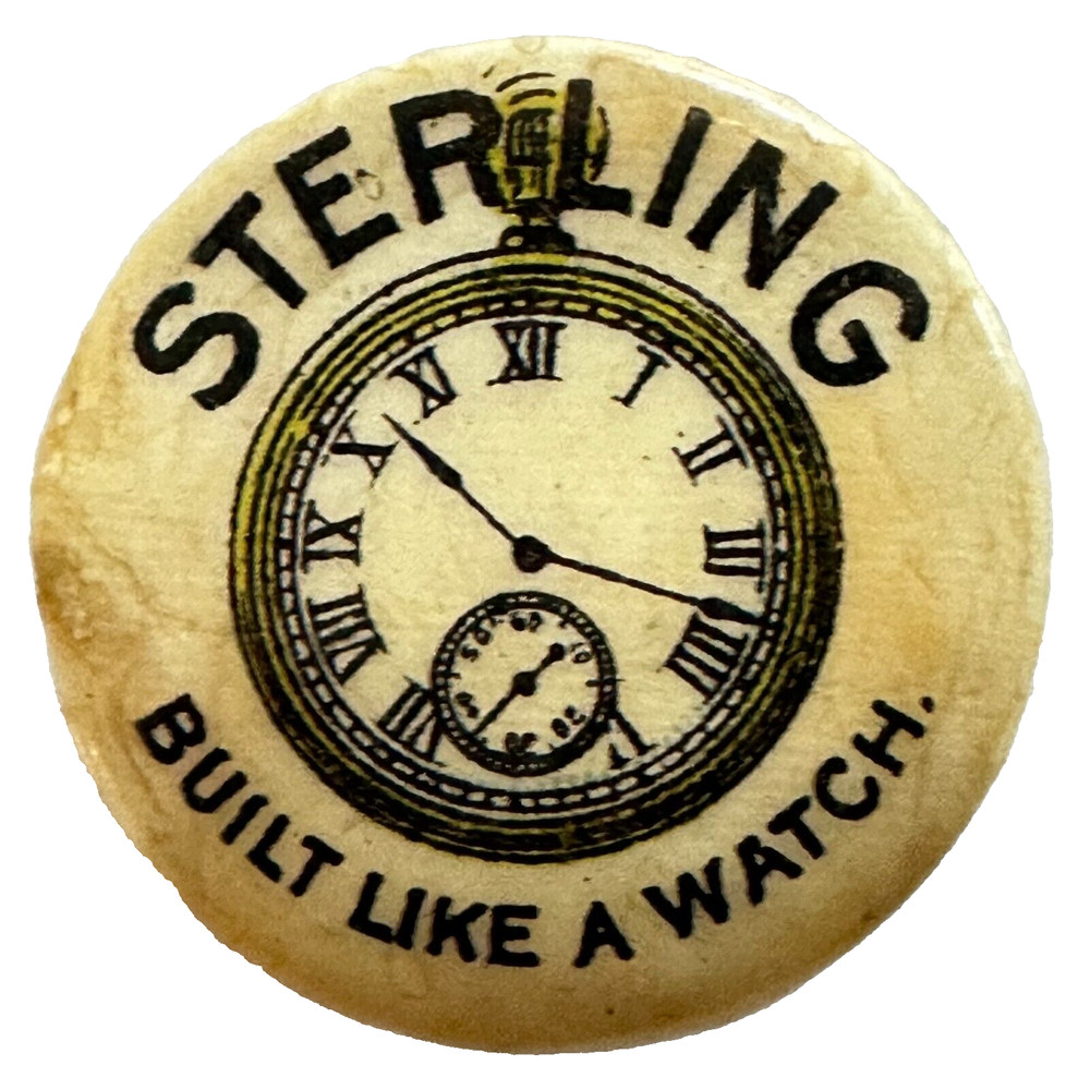 Sterling Bicycle Co Built Like A Watch Westfield Mfg Stud Back Celluloid Button