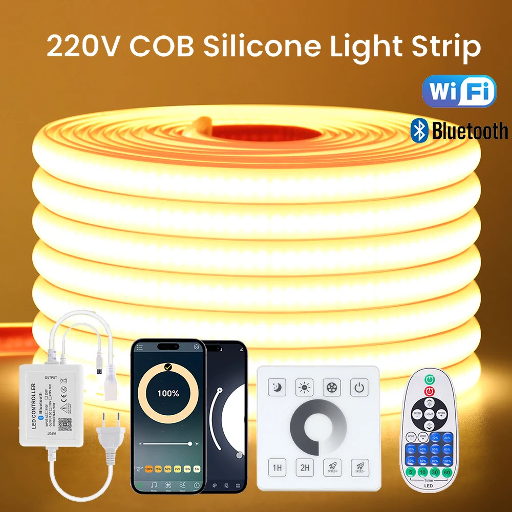 220V Dimmable COB LED Strip Light WIFI Bluetooth Wall Touch 23key Remote Control