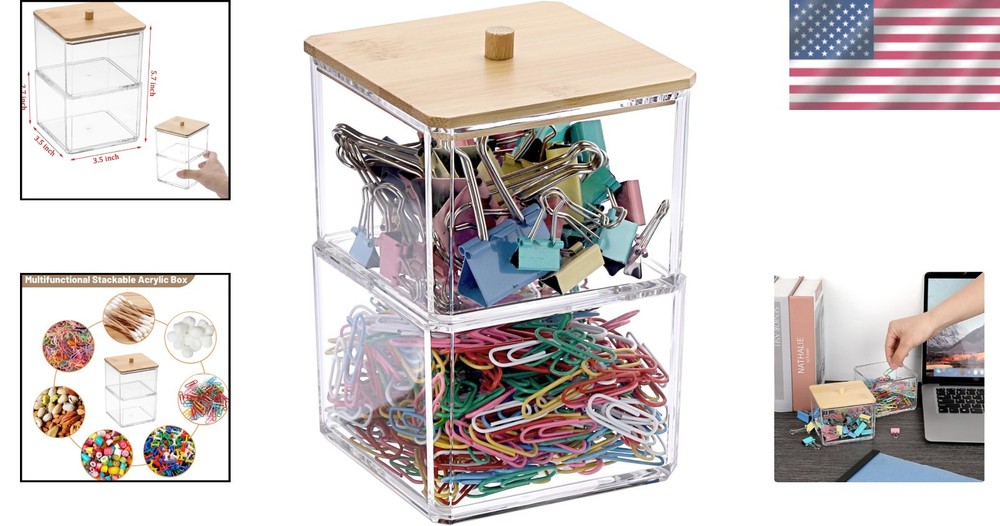 Compact Stackable Paper Clip Box with Natural Bamboo Lid - Office Essential