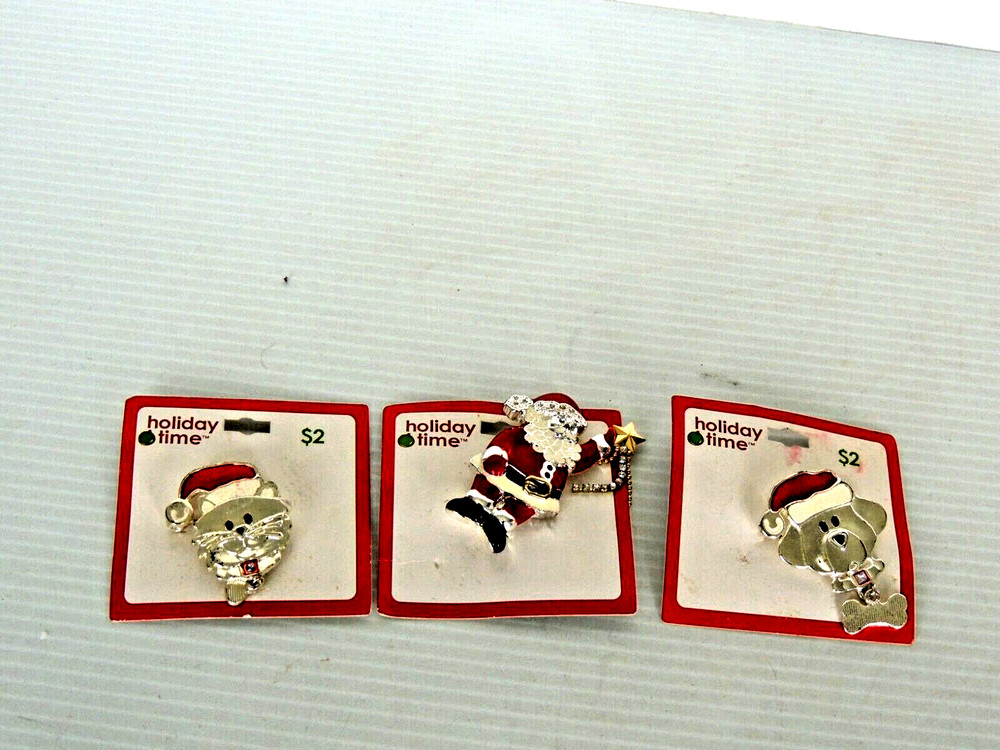Holiday Time 3 brooches  dog, cat, Santa, very cute