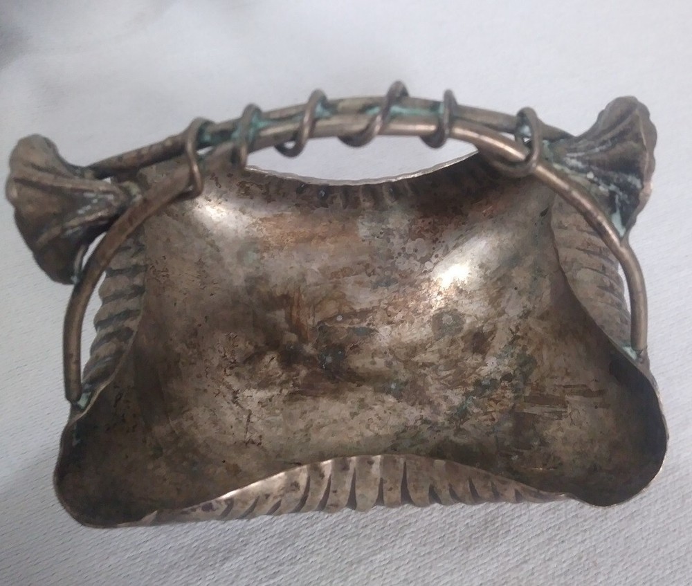 Silver Plated Footed Rectangular Metal Candy Dish 'basket' w/ Floral Handle '40s