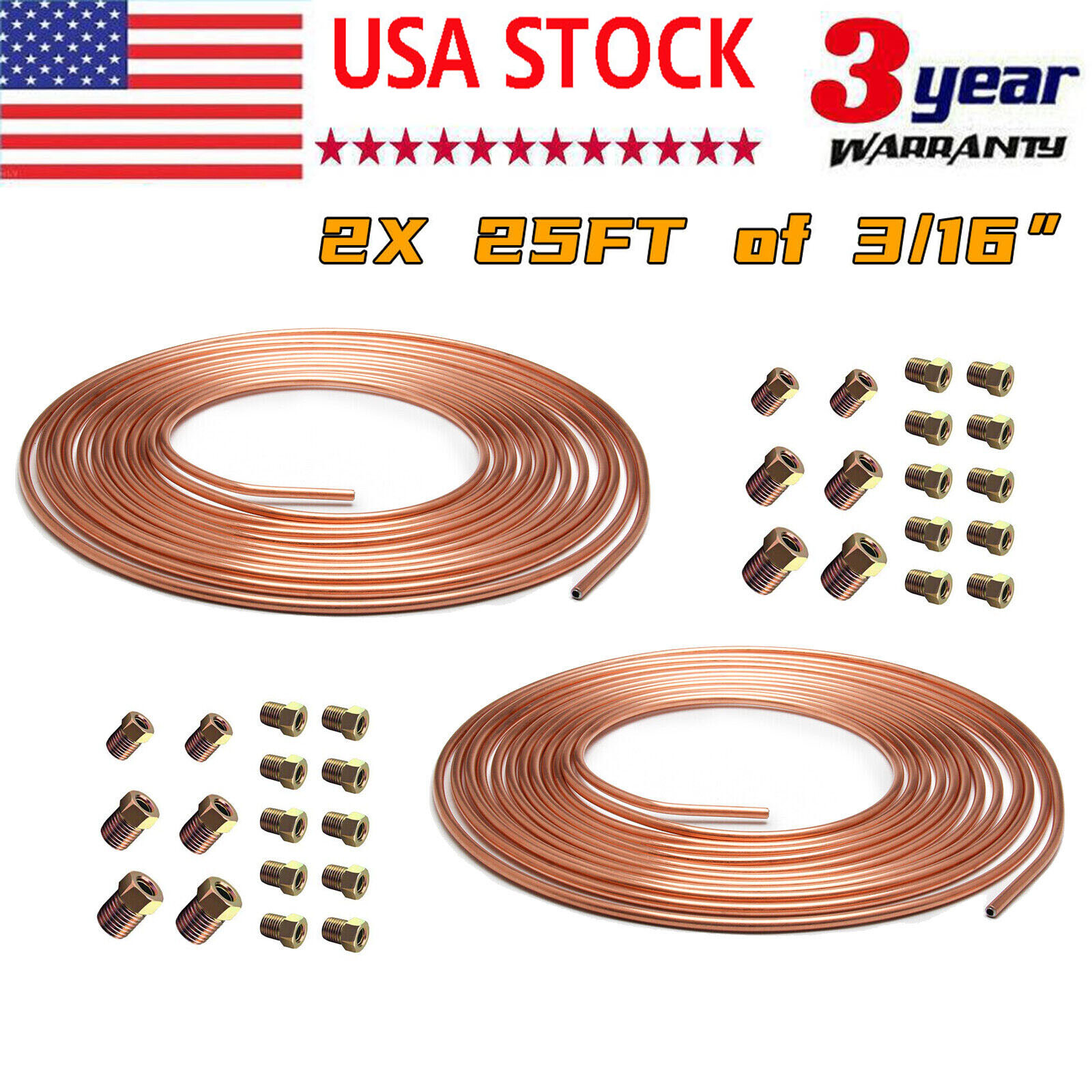 2× Copper Nickel Brake Line Tubing Kit 3/16″ OD 25FT Coil Roll All Size Fitting