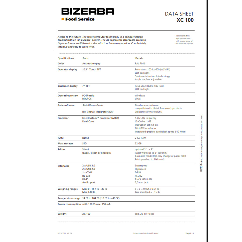 Bizerba XC 100 30lb Dual Range Touchscreen Label Printing Scale WiFi & Printer