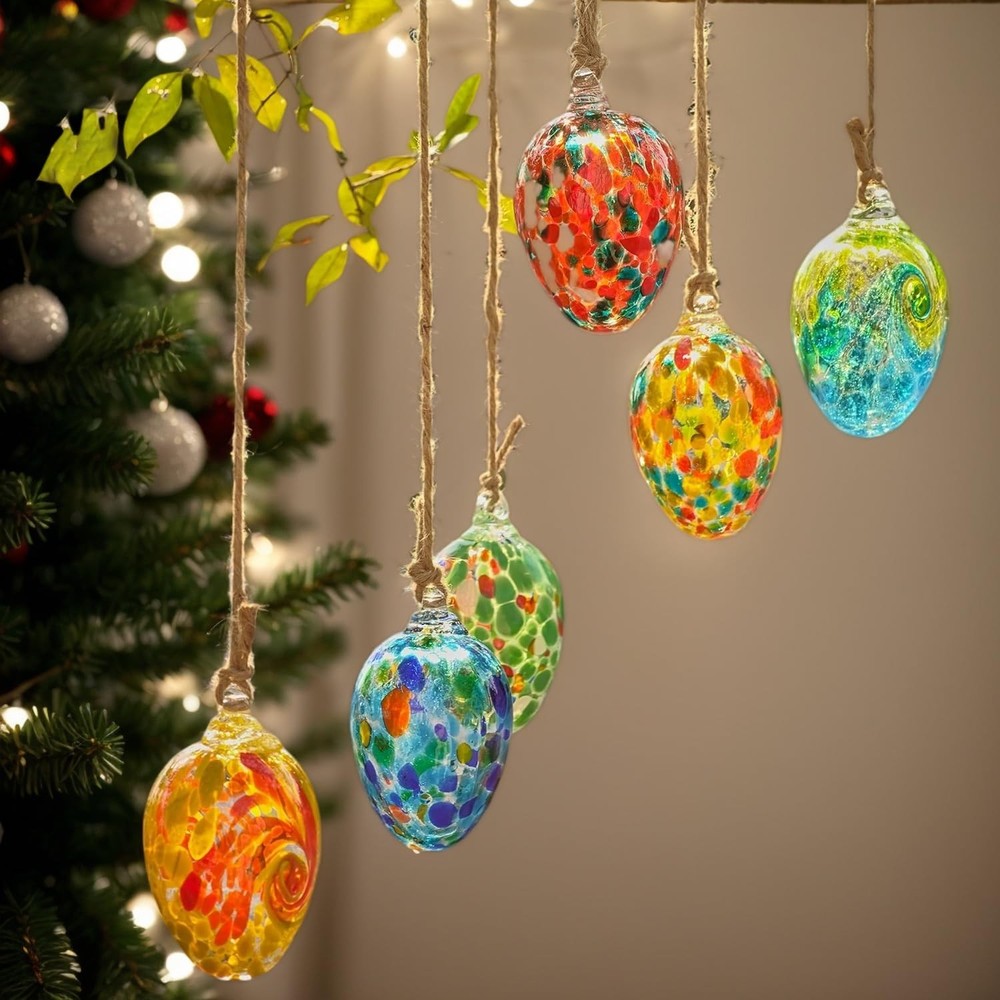 6pcs Colorful Hanging Easter Decorations Hand Blown Glass Easter Eggs Hanging...