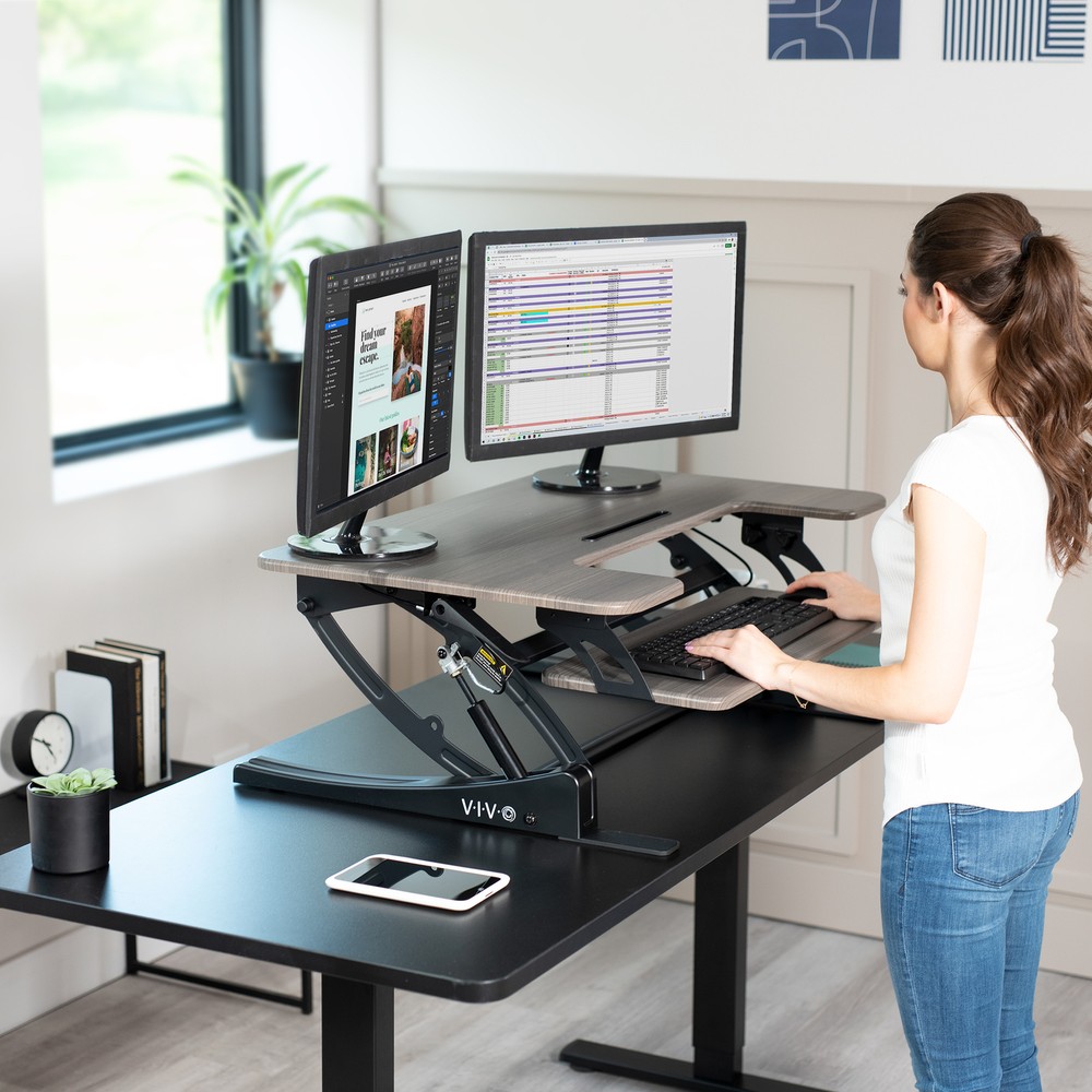 VIVO Gray Height Adjustable Standing Desk Riser, Tabletop Sit-Stand, Black Frame