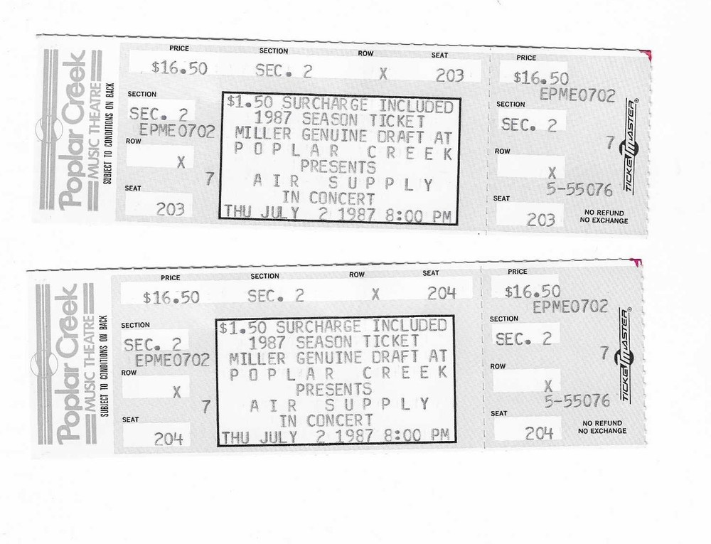 Air Supply Unused Concert Tickets From July 2, 1987