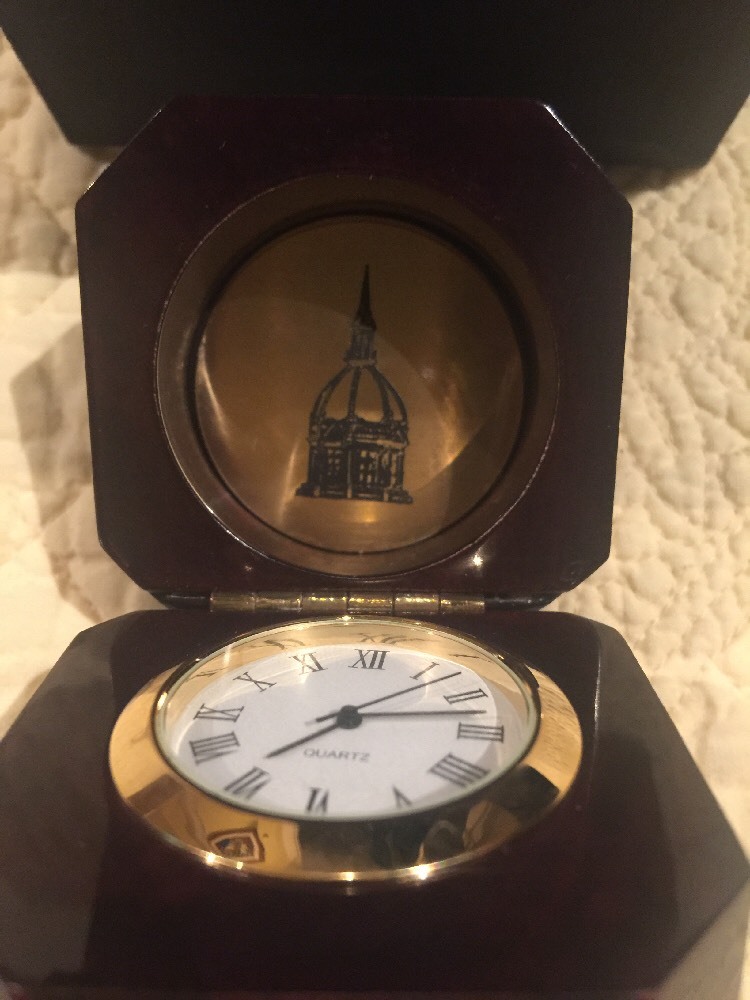 Solid Dark Wood Quartz Desk Clock Etched Top Inside 2" X 2" New In Box