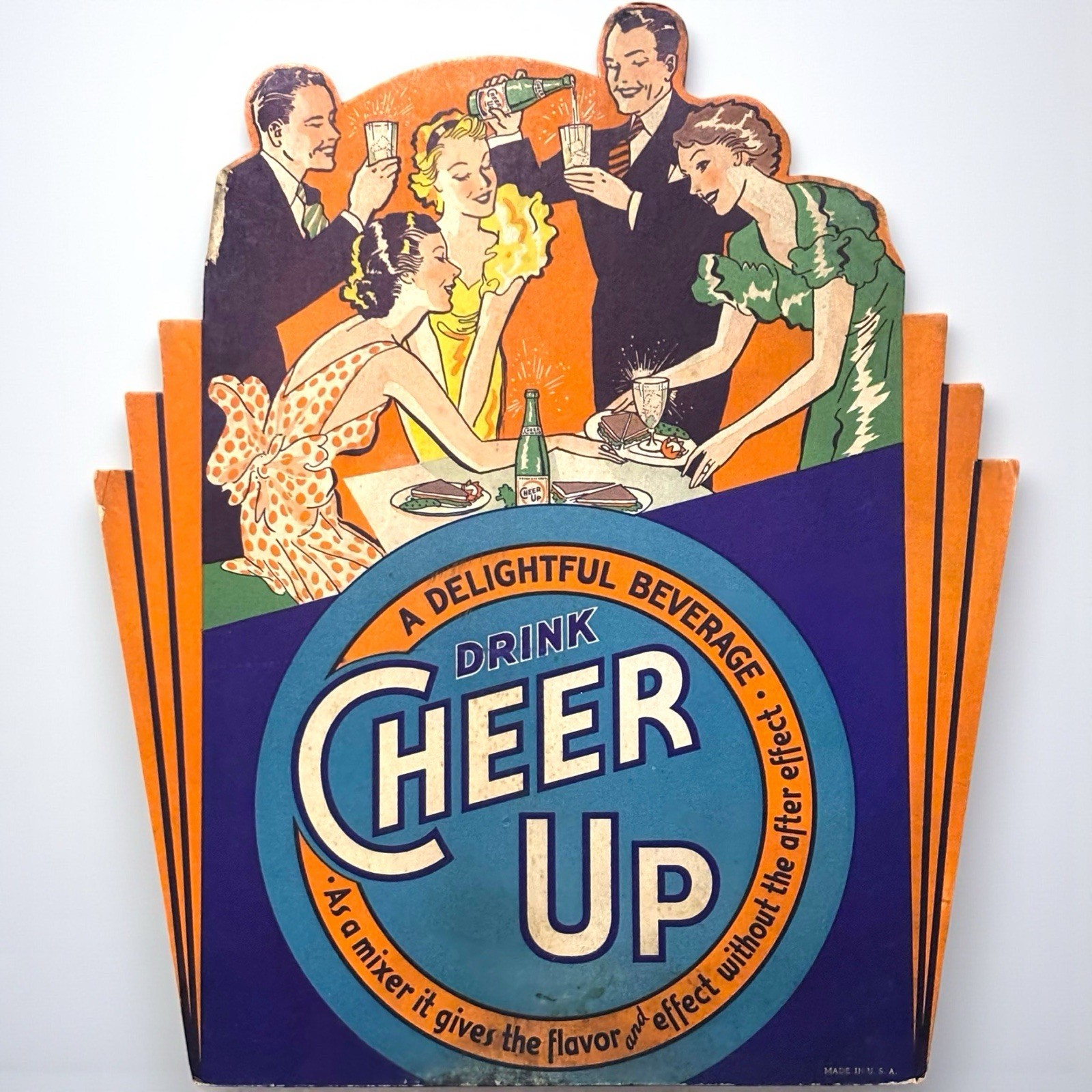 Vintage 1940s Art Deco Cheer Up Soda Pop Sign Easel Back 7UP Sprite Advertising