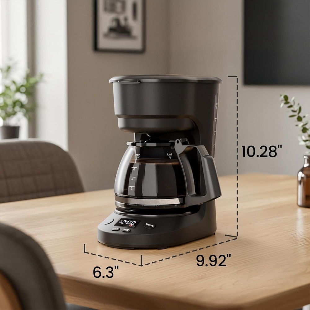 5-Cup Drip Coffee Machine with LED Display, Small Coffee Maker with Anti-Drip...
