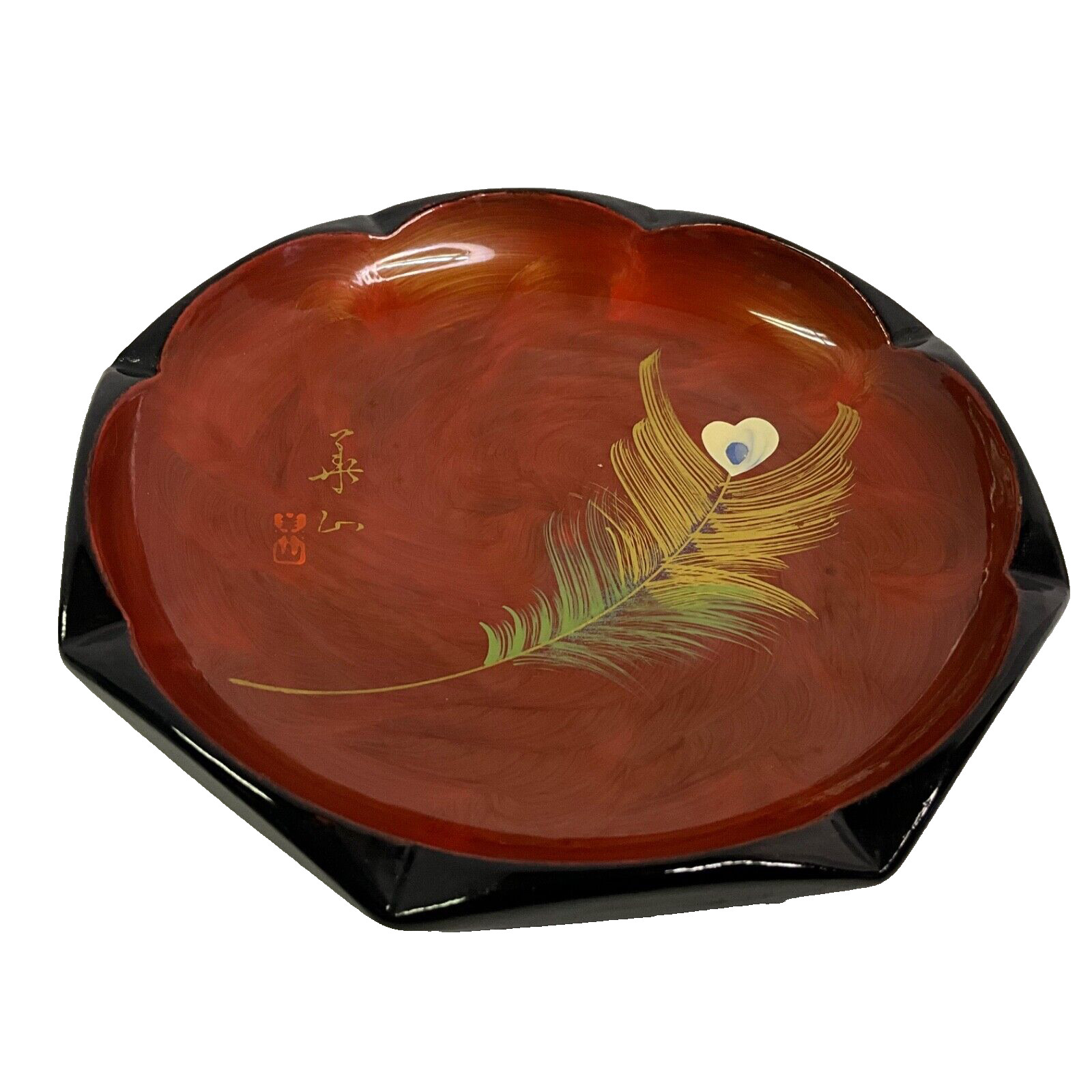 Vintage Asian Black with Red/Copper Lacquerware Octagonal Handpainted Feather 5”