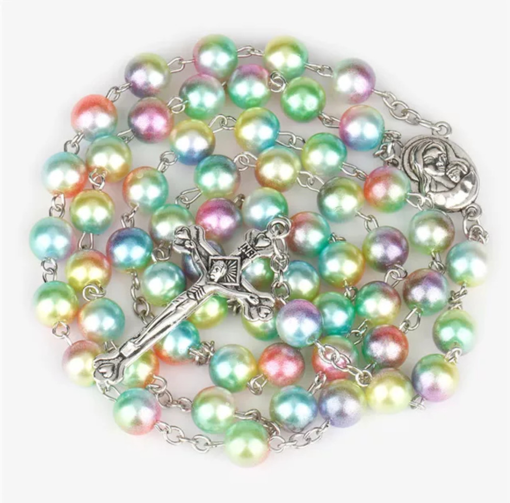 Rainbow Colored Jerusalem Soil Centerpiece Rosary Imitation Pearl 8mm Catholic