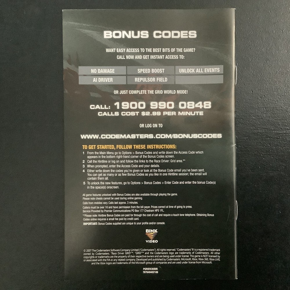 GRID 1 Microsoft Xbox 360 Instruction Manual Only