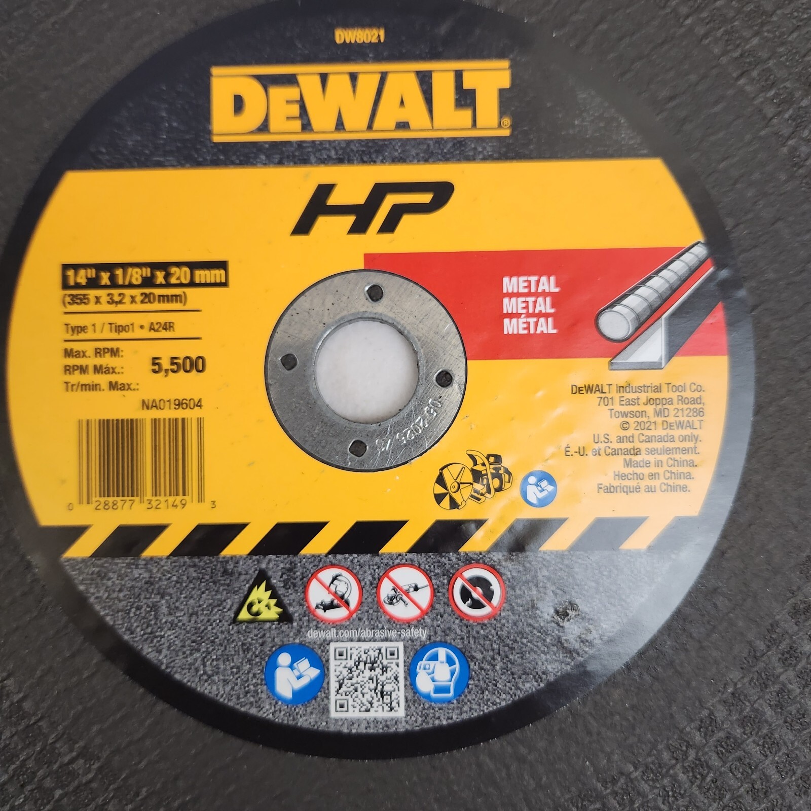 DEWALT DW 8021 14" X 1/8" X 20mm  Metal Cutting High Speed Cut-Off Wheel 10 Pack