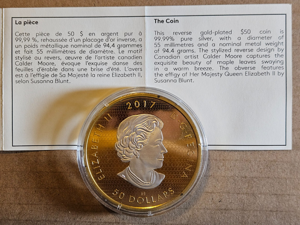 2017 $50 silver 3 oz whispering maple leaves .