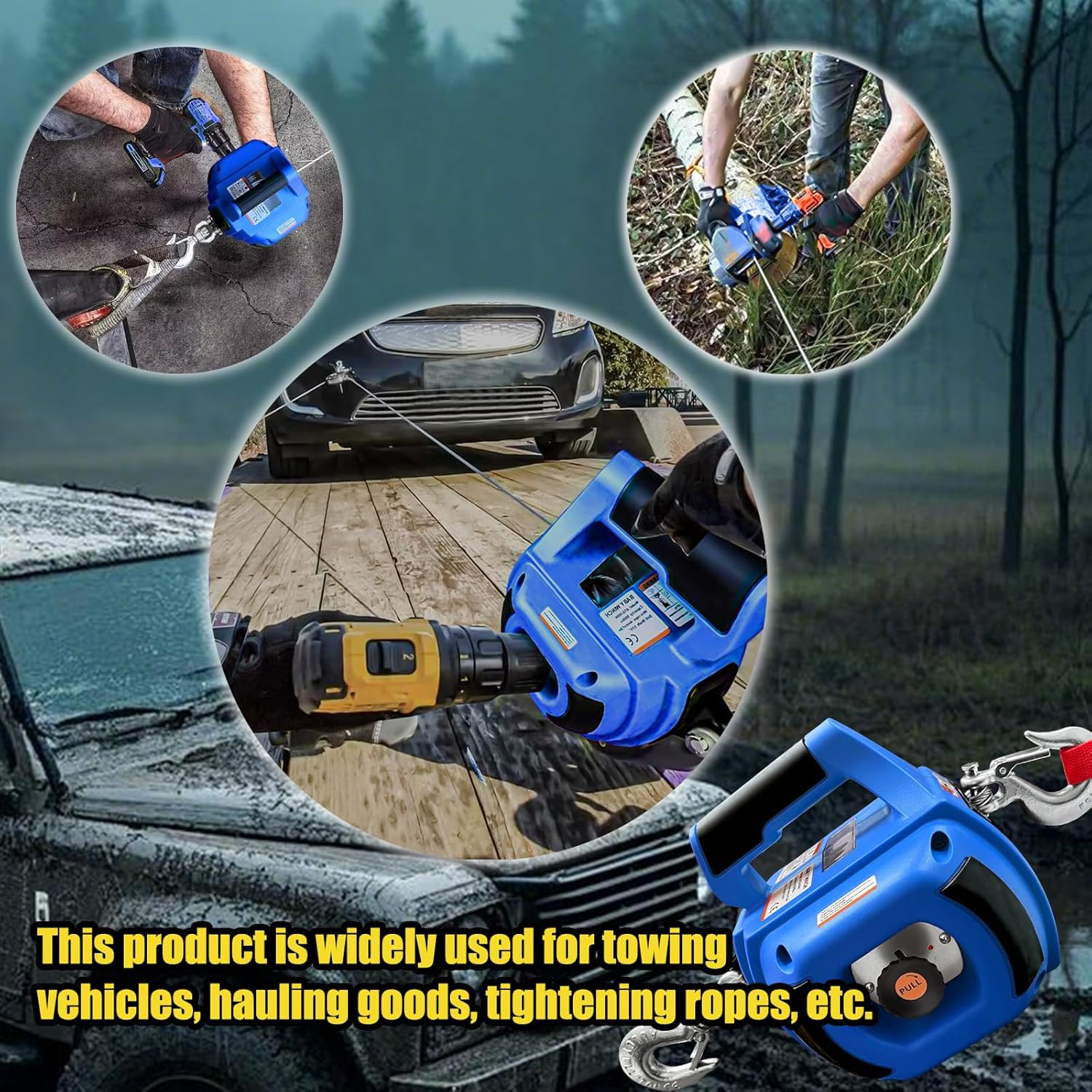 Portable Drill Winch 1000 LB Pulling Capacity with 40 Feet Alloy Steel Wire Rope