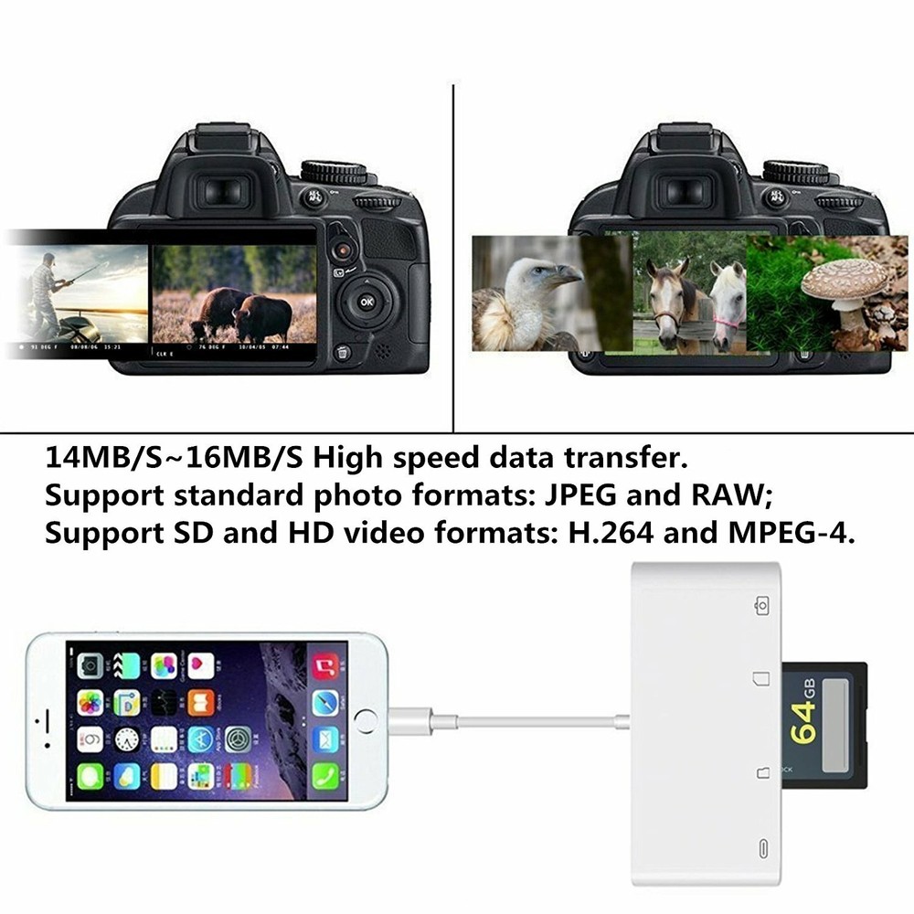 USB to Card Reader Adapter USB Camera Micro SD Memory Slot for iPhone iPad iPod
